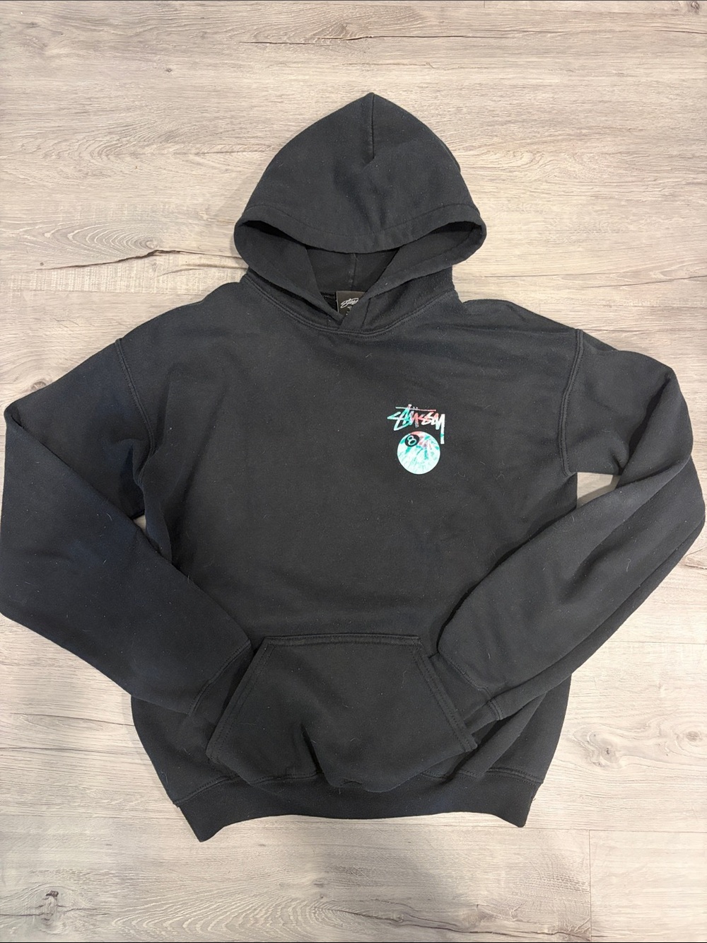 Stussy Black Hoodie with Small Teal Logo